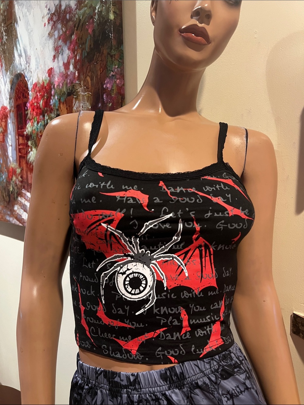 Goth punk S Black and Red flying Spider Eye ball Cami Top nwt